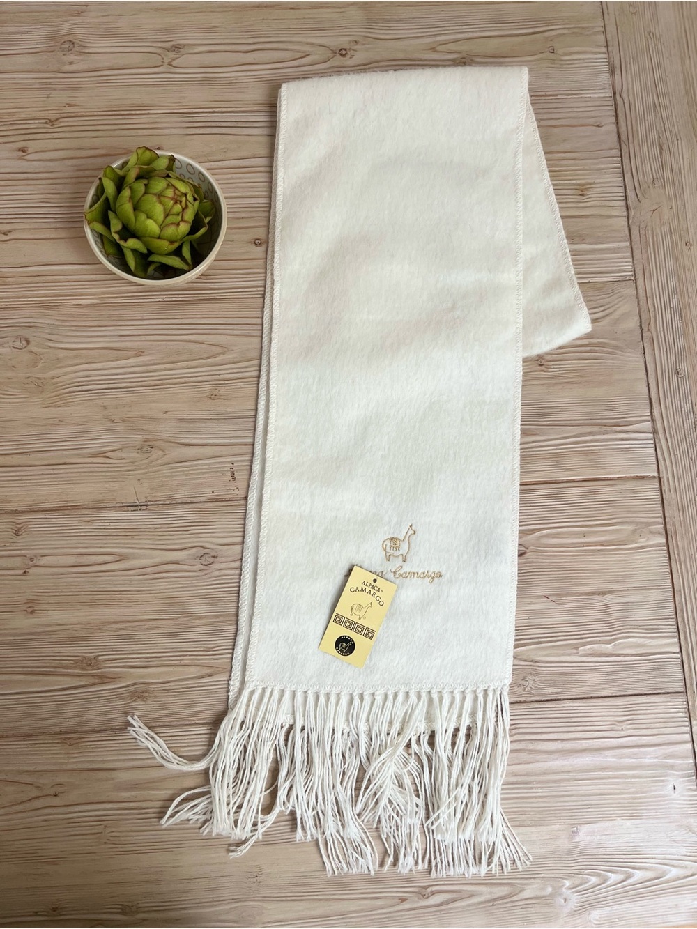 Alpaca Camargo Ivory Alpaca Scarf Fringe Embroidered Llama NWT 9 x 64
